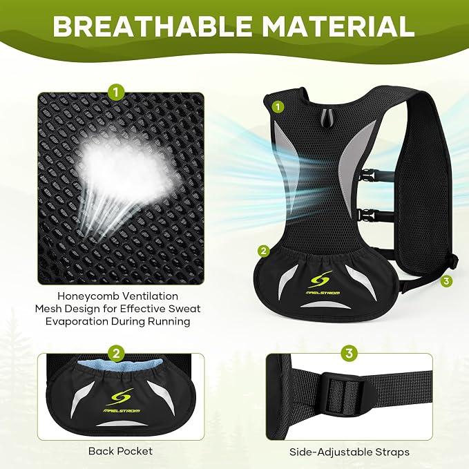 Maelstrom Running Vest,500ml Soft Flask Hydration Pack for Trail Marathon | BPA-Free Flask, Breathable Mesh, Bounce-Free Fit, Adjustable Compression, Reflective, Multi-Pockets, For Cycling, Hiking