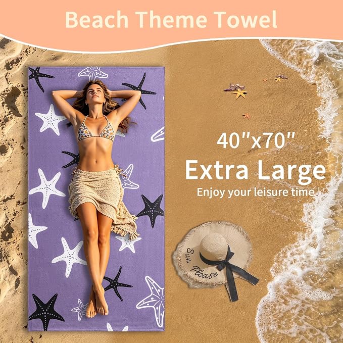 4 Pack Oversized Beach Towels 4 Pack,40”x70” Microfiber Thin Large Beach Towel Set for Adults Travel Camping Swimming,Turtle Starfish Them Sand Free Quick Dry Lightweight XL Pool Towels,Purple