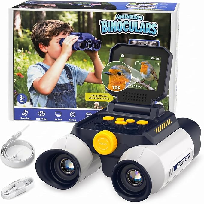 Kids Binoculars with Night Vision Camera, 10X Zoom Digital Adventures Telescope with 2.4" IPS Screen, Nature Explorer STEM Toys for Bird Watching Camping, Gifts for Boys Girls Age 4-12 - White