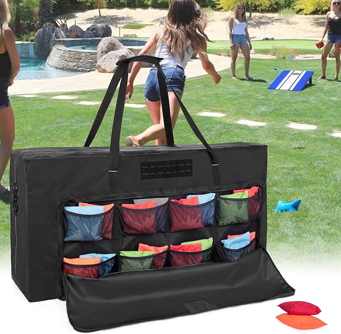 GOBUROS Cornhole Carrying Case Fits Regulation Size Board, Cornhole Carrying Bag with Front Sandbag Pockets, Two-Ways Zipper and Padded Shoulder Strap, Only Bag