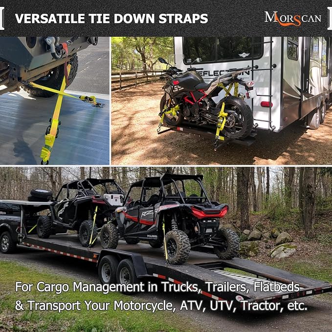 4-Pack 1.5" x15' Ratchet Straps Kit - 5,000lbs Break Strength Heavy Duty Tie Down Straps with Safety S Hooks & Soft Loops for Load Securement Tie-Down in Trucks Trailers ATV UTV Motorcycle