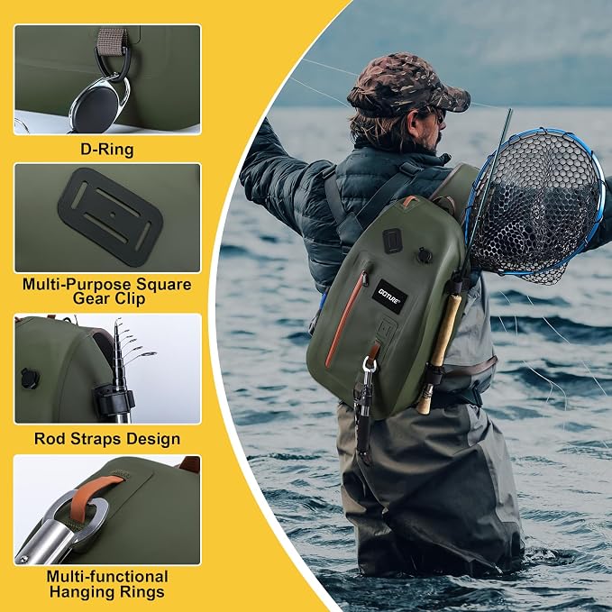 Goture Waterproof Fly Fishing Sling Pack, IPX8 840D TPU Fishing Sling Bag, 13L Tackle Backpack with Rod Holder,Airtight Zipper,Exhaust Valve,Adjustable Strap for Kayaking,Wadering,Hiking