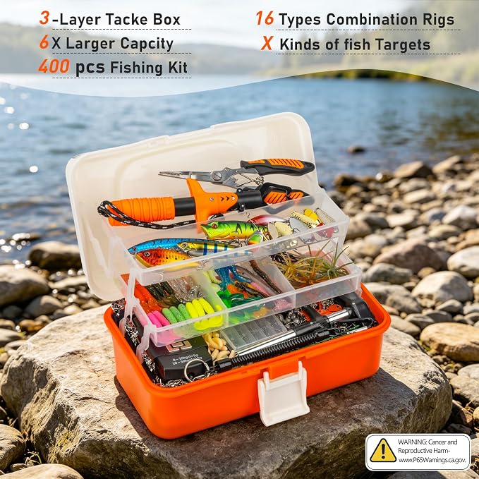 THKFISH 400PCS Fishing Lures Accessories Kit with Large 3-Layer Tackle Box Complete Freshwater Bass Fishing Gear Tools Set with Pliers, Fish Scale, Crankbait, Hooks, Weights Gift for Men (Orange)