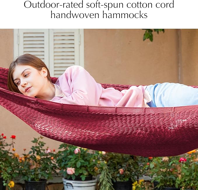 PNAEUT Handwoven Mayan Hammock, Thick Soft Rope Double Hammock for Outdoor Outside & Indoor, 600 lbs Capacity Heavy-Duty, Includes Tree Straps, Carabiners & Carrying Bag (Burgundy Fiesta Red, X-Large)