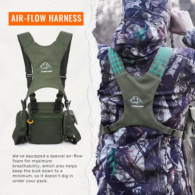 Binocular Harness Chest Pack, Bino Harness Bag with Rangefinder Pouch & Rain Cover, Molle System Multifunction Hunting Pack