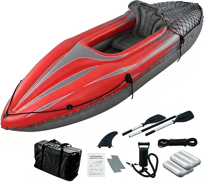 9 ft Inflatable Kayak, 1-Person Foldable Fishing Boat, 220 lb Capacity, Includes Aluminum Oars, High Output Pump, Adjustable Seat, Removable Fin, Cargo Net for Adults, Lakes & Rivers