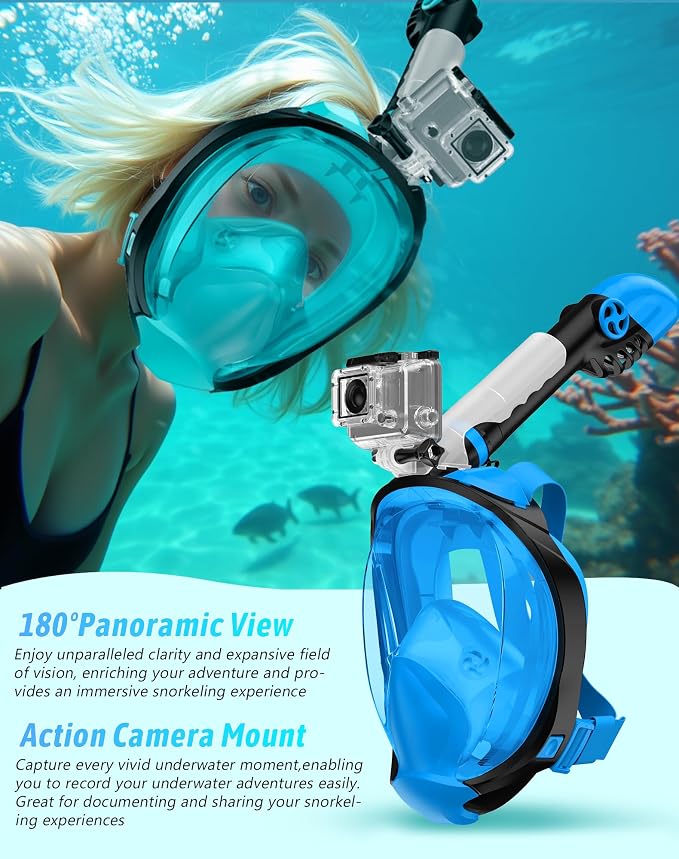 Full Face Snorkel Mask for Adults, 180° Panoramic Anti-Fog Snorkeling Gear with Dry Top System & Camera Mount, Foldable Anti-Leak Design for Travel, Swimming & Ocean Snorkeling