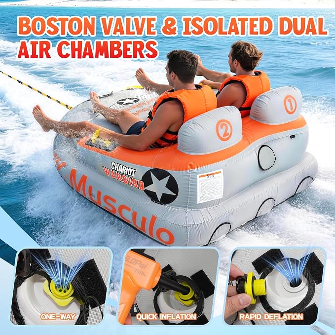 Towable Tubes for Boating - 2-3 Person Shark Battle Tank, Boat Tubes & Towables, EVA Foam Pads, Drainage, Super Safe Handle, Quick Connector