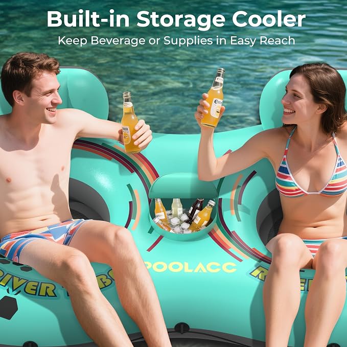 2-Person Inflatable River Tube, Heavy Duty Tube Float for River Pool Lake Beach w/Built-in Cooler & Cup Holders, Ergonomic Backrest, Durable Handles & Grab Rope, 660lb Weight Capacity