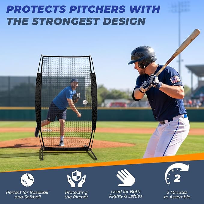 7x4FT Baseball Pitching Screen, Quick Setup Pitching Net for Pitchers Protection, Portable Baseball I Screen for Fields Batting Cages with Carry Bag