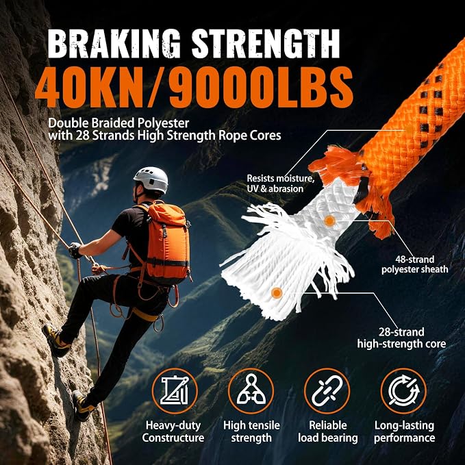 1/2Inch Arborist Rope 150Ft - 9000lbs Heavy Duty Nylon Rope Rappelling Rope, Double Braided Arborist Bull Rope for Tree Work, Hiking, Rigging, Pulling, Swing, Caving, Sailing - Orange