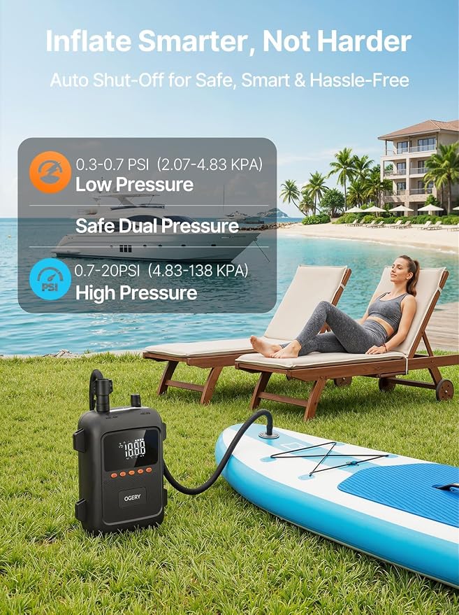 OGERY Paddle Board Electric Pump, 3X Faster Inflation & Deflation, Dual Power SUP Pump with Smart Auto-Off, Up to 20 PSI, Digital Pressure Display, 7 Nozzles for SUP Kayaks Tents Air Mattresses Boats