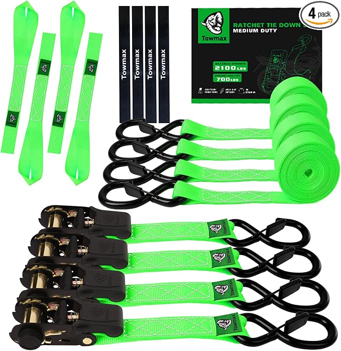 Ratchet Straps Medium Duty 4 Pack -1 Inch x 15 Feet (2,100LB Break Strength)- Motorcycle Tie Down Straps -Soft Loops Tie Downs- Ratchet Tie Down Set for Powersports, Motorcycle or Moving Cargo
