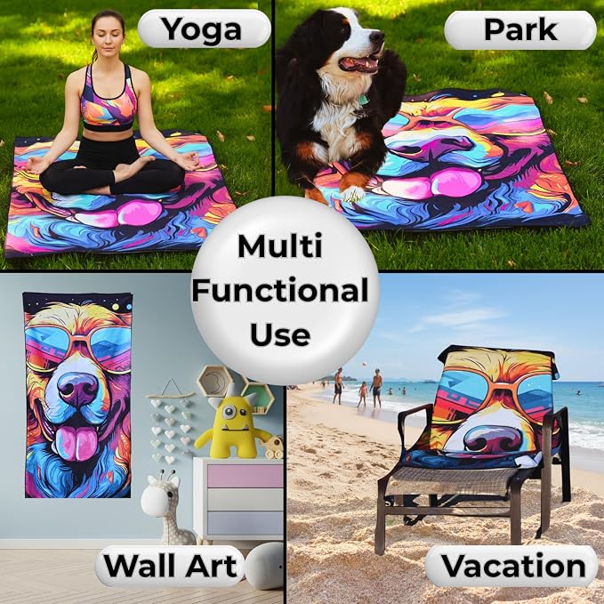Microfiber Funny Happy Dog in Sunglasses Colorful Beach Towel for Women, Girls, Kids, Men, Plush Beach Towel, Quick Dry Pool Towel Super Soft, Oversized 31x62 Inches