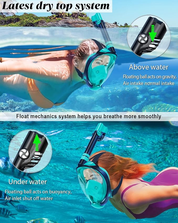WSTOO Full Face Snorkel Mask, Dry Top Snorkeling Gear for Adults, 180° Panoramic Foldable Design with Camera Mount, Safe Mouth/Nose Breathing, Anti-Fog & Anti-Leak