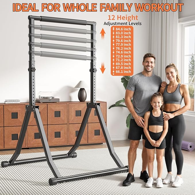 Foldable Power Tower Dip Station for Pull Ups, 66.1"-84.6" 12 Level 700 LBS, Adjustable Dip Handles & Assistance Bands Foldable Home Gym Equipment