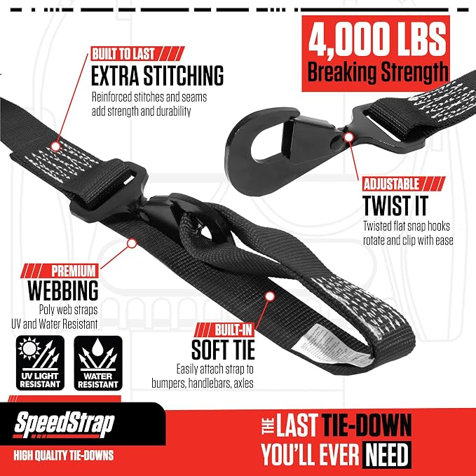 SpeedStrap 1.5" x 10' Ratchet Tie-Down with Soft-Tie. Ideal for Camping, Cargo Management, Overlanding, Off-Road, Securing UTV's, Side-by-Side (SxS) Vehicles - Black (2 Pack)