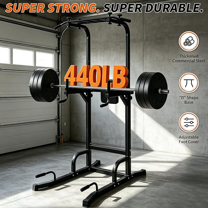 Power Tower Pull Up Bar and Dip Station, 11-Height Adjustable Pull Up Bar Station for Home Gym, Multi-Function Strength Training Fitness Equipment for Pull Ups, Dips, Push Ups & Knee Raises