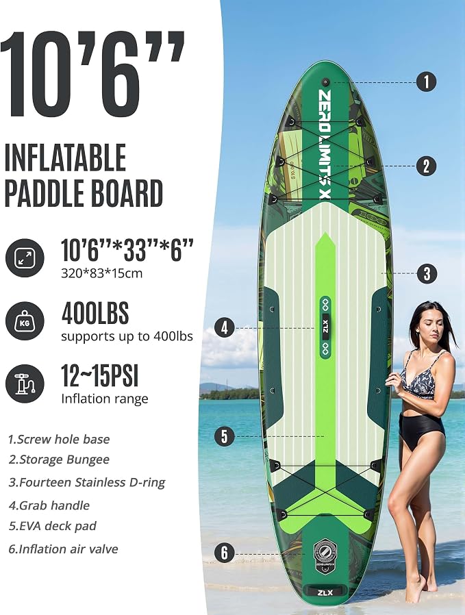ZLX Inflatable Stand Up Paddle Board, 10'6" SUP Non-Slip Stable Deck Pad, Unique Center Fin, Premium Accessories, Paddleboard for Adults, Beginners, All Skill Levels