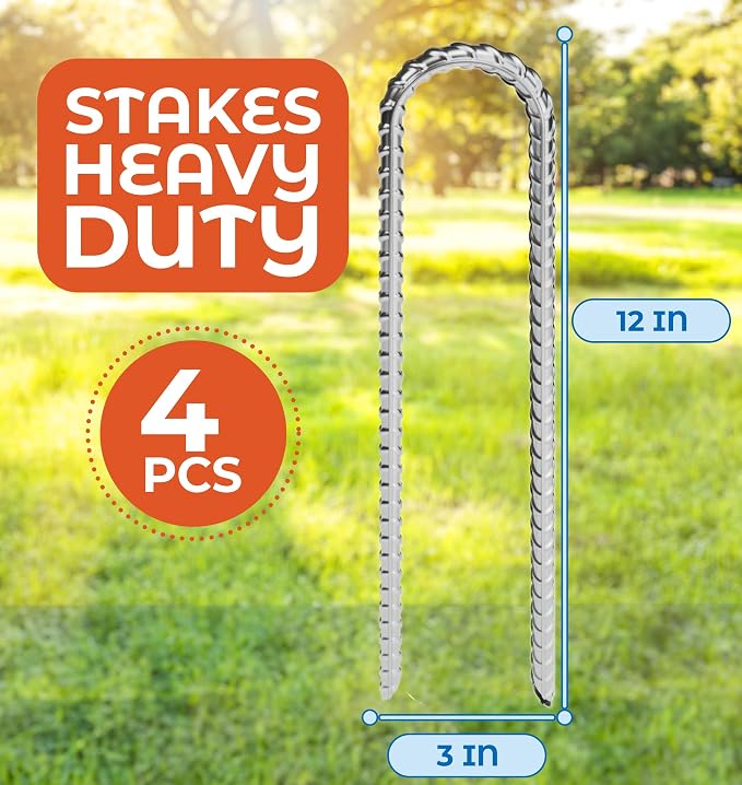 Happin® 12 Inch Trampoline Anchors, Trampoline Stakes, Ground Stakes Heavy Duty, Ground Anchors Screw in, Trampolines Accessories, Tent Anchors, Yard Spikes, Galvanized Steel (4 Pack, Silver)