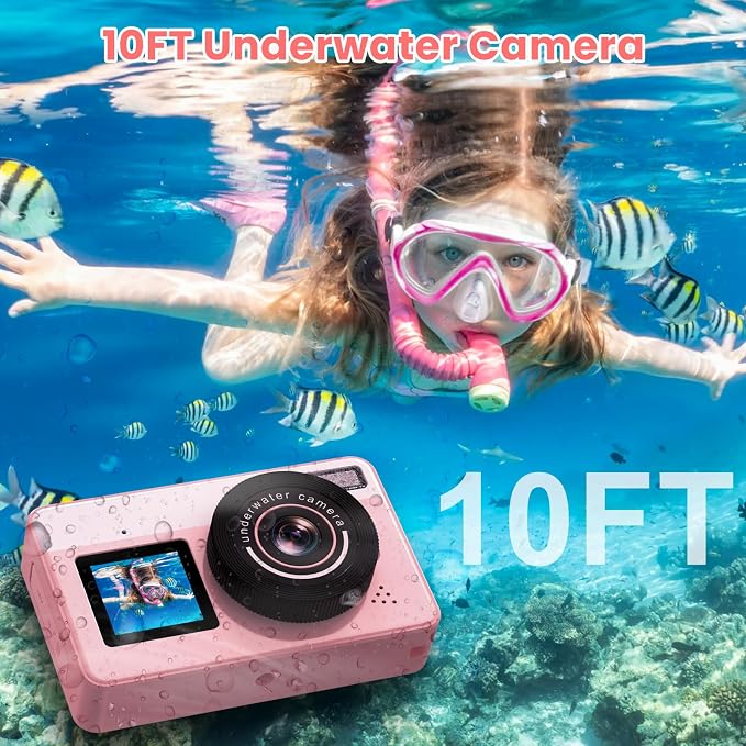 4K Underwater Digital Camera for Kids: 10FT Waterproof Camera - 48MP Floating Camera for Snorkeling - Surfing - Swimming - Dual-Screen Selfie - Autofocus - 18X Zoom - 32GB TF-Card - Pink - 2026 New