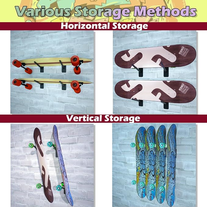 6 tiers Skateboard Wall Mount Longboard Rack Storage + 4pcs Skateboard Hanger Skate Deck Display Holder