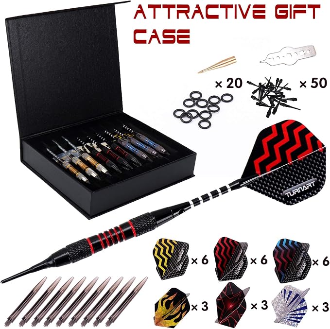 Turnart Darts Plastic Tip - Professional Soft Tip Darts Set for Electronic Dartboard 9 Pcs 18 Grams with 50 Extra Tips 9 Shafts 27 Flights Tool Kit Flight Protectors and Gift Darts Case