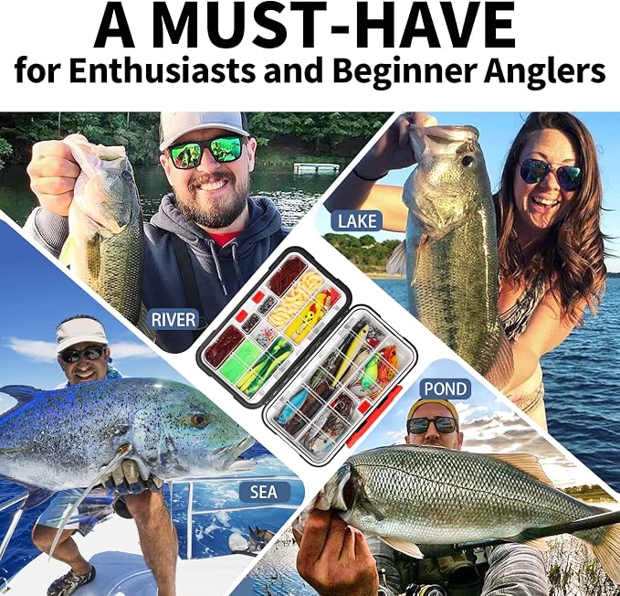 TRUSCEND Complete Fishing Lures - Tackle Box with Tackle Included - Crankbaits, Minnows, Frogs, Vibes, Poppers, Spinners, Spoons, Soft Baits, Hooks & Weights Accessories Kit for Bass Panfish Trout
