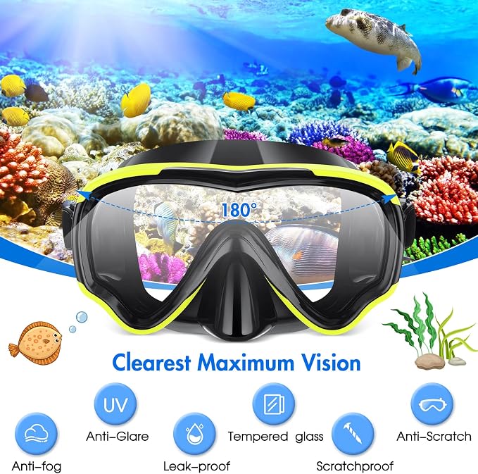 4 Pcs Snorkeling Goggles for Adults Scuba Diving Mask Anti Fog Dive Mask Snorkeling Gear for Men Women Panoramic Swimming Goggles with Nose Cover for Diving, Swimming (Black, Yellow, Red, Rose Red)