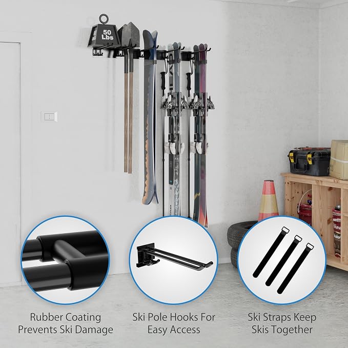 USA Based Ski Rack Wall Mount, Holds 10 Pairs for Ski Storage Rack, Snowboard Hanger & Ski Holders for Wall Storage Racks for Garage, Ski Hangers for Wall Holds Up to 125lbs, 5 Hooks Black