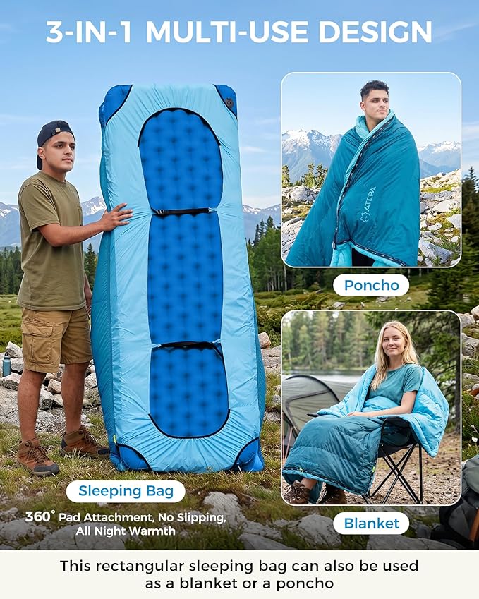 ATEPA Down Sleeping Bag for Adults, Recycled Ultralight 35°F 40°F 45°F 50°F 650FP / 700FP 3 Season Compact Sleeping Bags with Compression Sack for Backpacking Camping Hiking, Can Be Attached to Pad