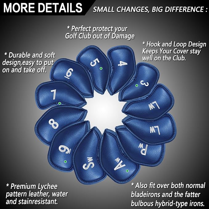 FINGER TEN Premium Synthetic Leather Stylish Iron & Wedge Golf Head Covers Value 12 Piece Set, Embroidered Labels & Fits Most Clubs Gift Set, Travel Protection Accessories