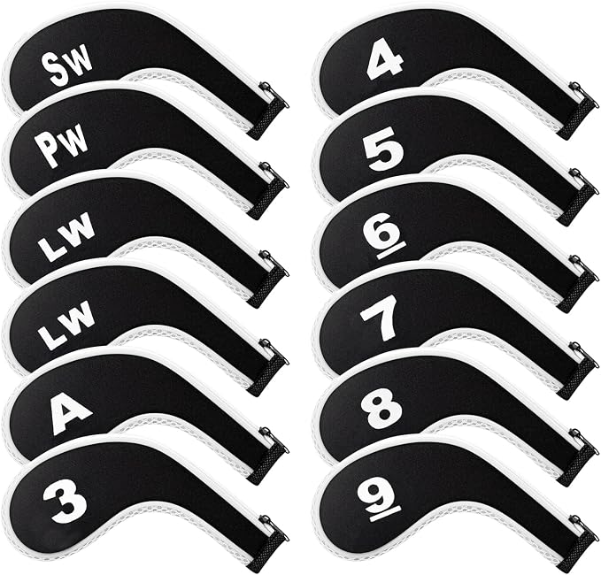 Golf Club 12pcs Thick Synthetic Zipper Long Neck Set Headcover Fit The Most Brands, Side Number Golf Iron Club Head Cover LW SW PW Covers #3,4,5,6,7,8,9