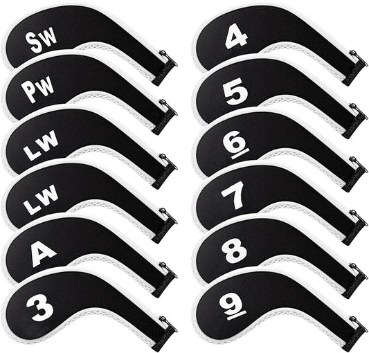 Golf Club 12pcs Thick Synthetic Zipper Long Neck Set Headcover Fit The Most Brands, Side Number Golf Iron Club Head Cover LW SW PW Covers #3,4,5,6,7,8,9