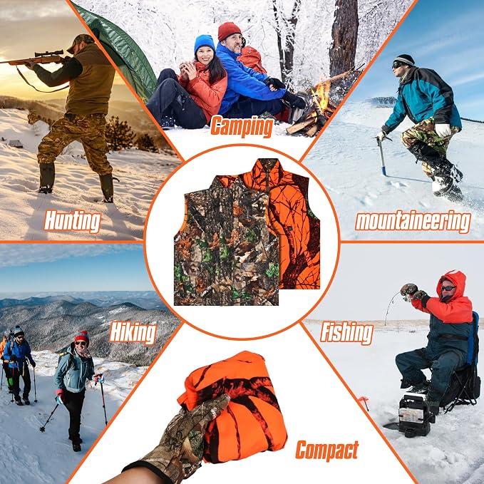 GUGULUZA Camo and Orange Reversible Heated Vest for Hunting, Lightweight Heating Game Safety Vest for Hiking