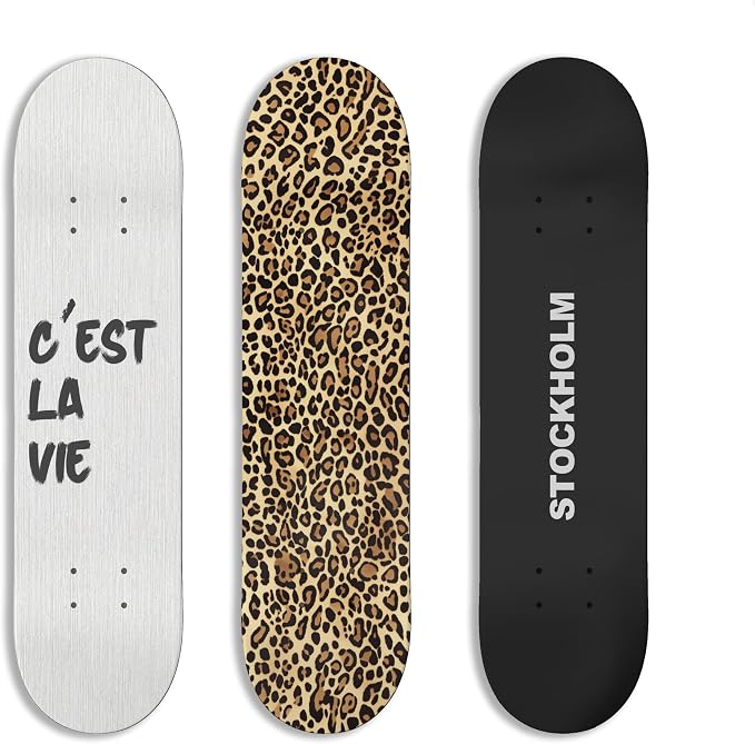 TwoDays Stockholm Style Skateboard Wall Decor - Modern Wall Mount Art Set for Men's Apartment & Dorm, Cool Cheetah Print Skate Deck, Trendy Skater Room Design (Set of 3)