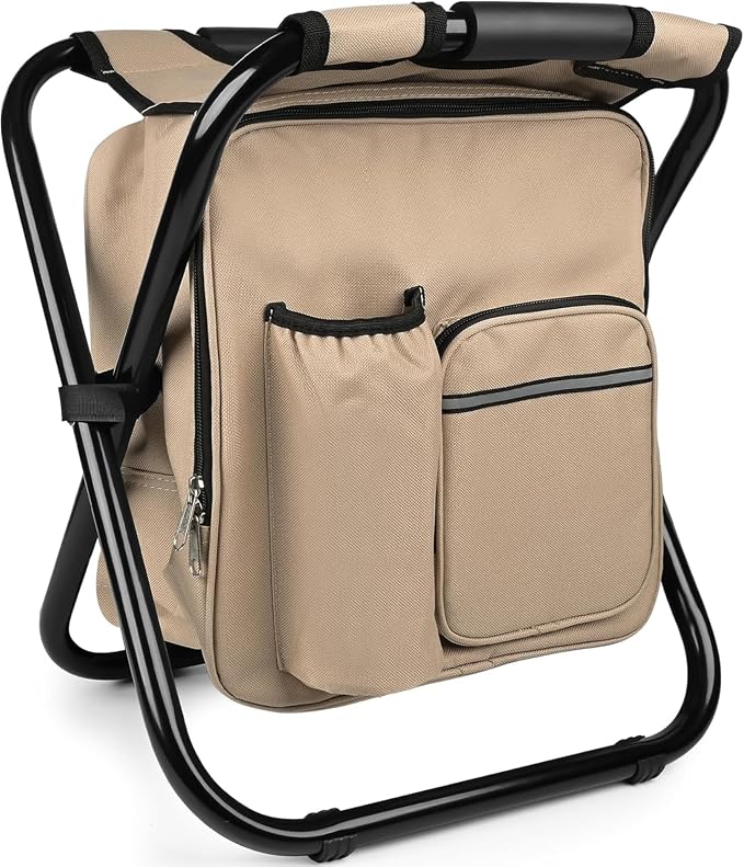 Kikerike Backpack Stool Cooler Chair Heavy Duty 300 LBS Max Load Portable Lightweight Stool Backpack Folding Fishing Cooler Seat for Camping Hunting Fishing - Sand