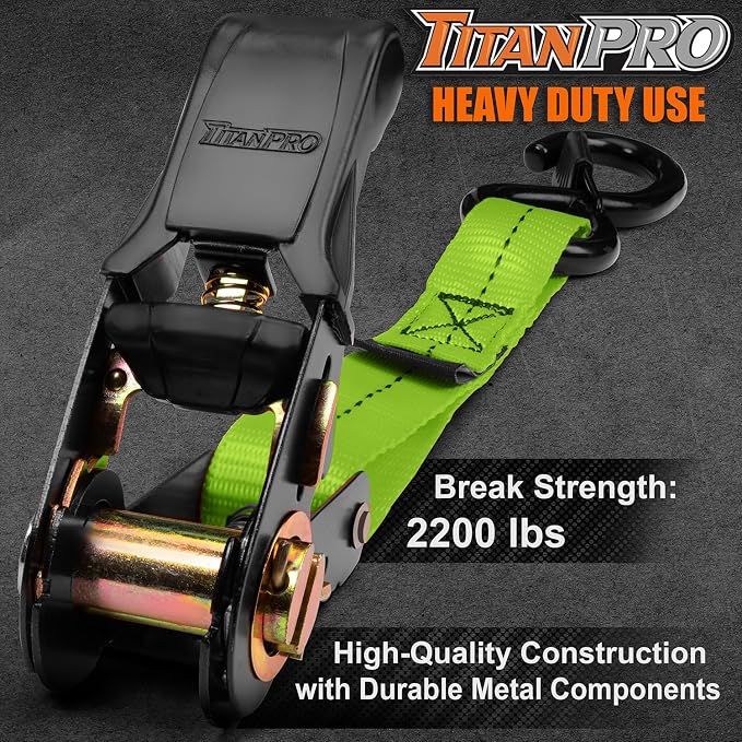 TitanPro Heavy Duty Ratchet Straps 4-Pack - 2,200lb Break Strength, 1" x 15' Rachet Tie Downs with Padded Handles - Heavy Duty, Truck, Motorcycle, Moving Straps (Green)