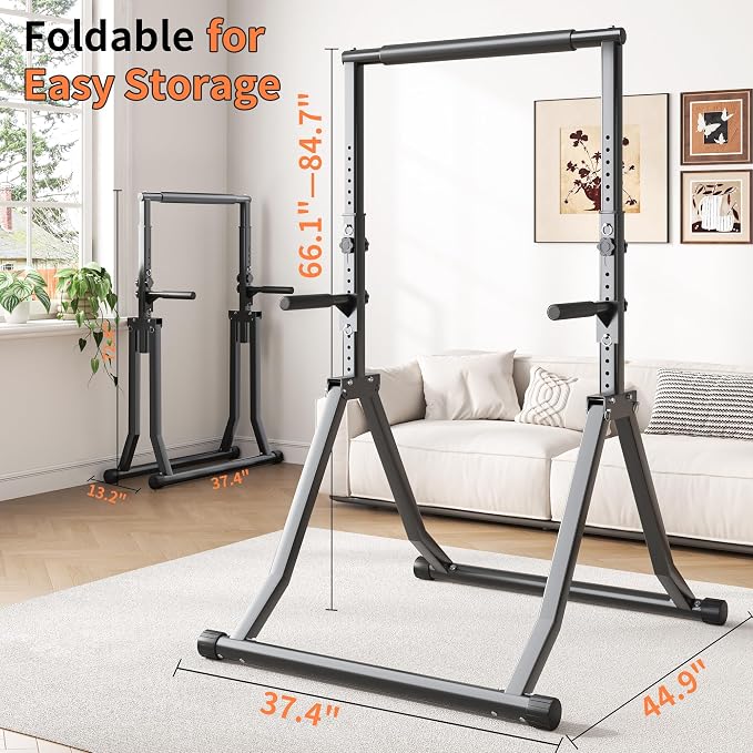 Foldable Power Tower Dip Station for Pull Ups, 66.1"-84.6" 12 Level 700 LBS, Adjustable Dip Handles & Assistance Bands Foldable Home Gym Equipment