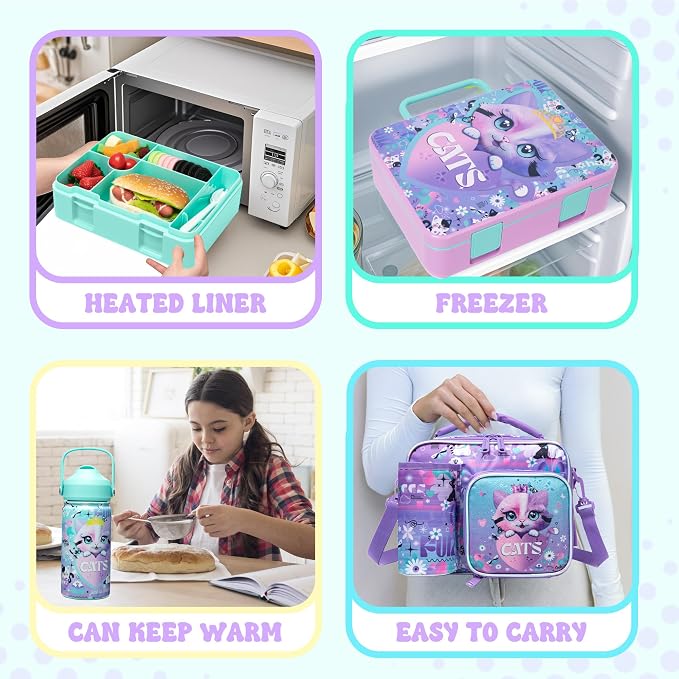Lunch Box Kids Bento Box for Girls with Ice Pack,Lunch Bag,Stainless Steel Water Bottle Set Utensils Set Food Container for School Cat Girls Lunch Boxes Kids Back to School Supplies