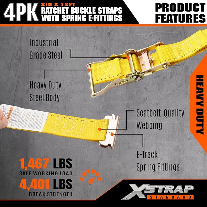 XSTRAP STANDARD 4-Pack E-Track Ratchet Straps 2" x 12' - 4,400 lbs Heavy Duty Cargo Tie Downs for Trailers, Trucks, Vans & Motorcycle Securing with Spring Fittings (Yellow)