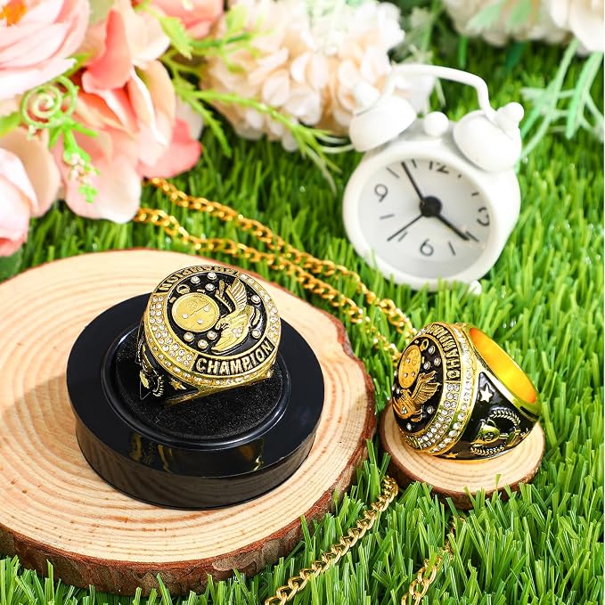 Highergo 10 Pcs Basketball Softball Baseball MVP Dancer Champion Trophy Ring with Display Stand Star Football Soccer Volleyball Golf Cheerleading Bowling Track Field