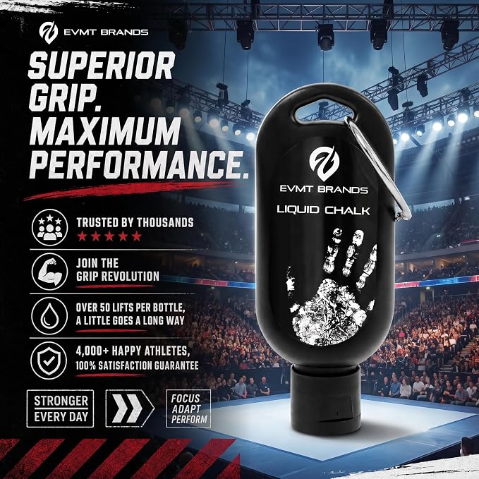 EVMT Brands Liquid Chalk, Mess Free Gym Chalk for Weightlifting, Gymnastics, Rock Climbing, Dancing. Sweat Resistant and Long Lasting for Stronger Grip.