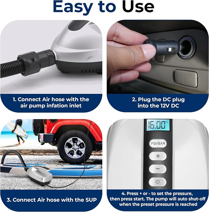Paddle Board Electric Pump - Portable 16 PSI SUP Pump for Super Fast Inflation, Auto-Off, LCD Display and 12V Car Connector - SUP Inflator for Paddle Boards, Boats & Inflatables
