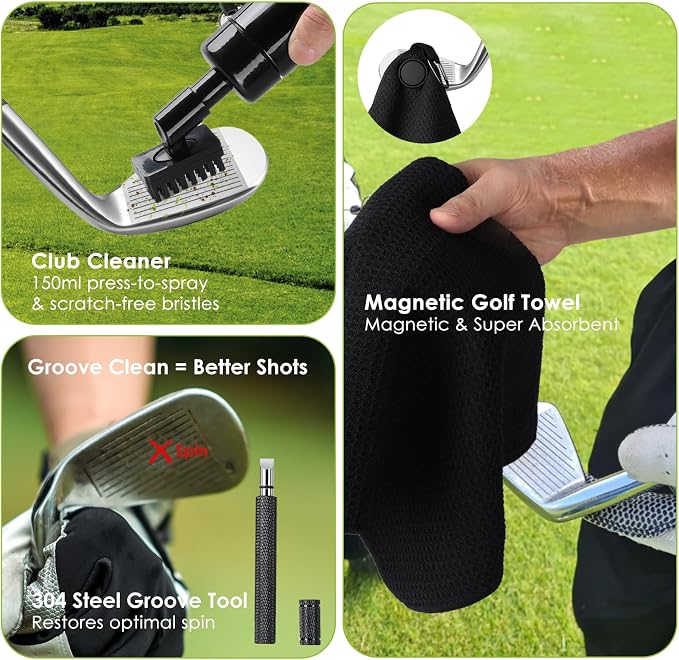 7-in-1 Golf Club Cleaning Kit - Club Cleaner, Grip Cleaner, Polish, Water-Spray Brush, Groove Cleaner, Magnetic Towel & Portable Bag | Restores Clubs, Removes Rust/Scratches, Renews Tackiness