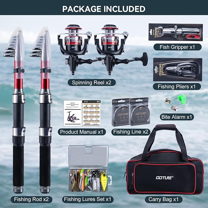 Goture 2-Pack Fishing Rod and Reel Combo with Carrier Bag,1.8M-2.7M | 2PCS Telescopic Fishing Pole,2PCS Spinning Reel,Line,Lures,Pliers,Gripper, for Saltwater and Freshwater Travel,Starter Kit