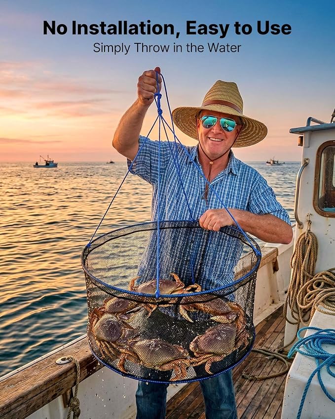 VEVOR Foldable Fishing Net, Landing Fishing Pier Nets, Portable Drop Net for Pulling up Fish, Durable and Fish-Friendly, with Rope and Storage Bag, for Minnows, Crawfish, Shrimp, Crab