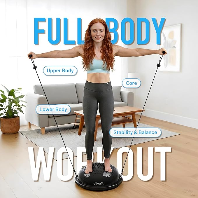 ATIVAFIT Balance Ball Trainer - Half Exercise Ball with Inflation Pump & Resistance Bands - Anti-Burst PVC Stability Trainer for Home Gym, Yoga, Core Training - 660 lbs Capacity