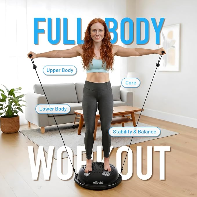 ATIVAFIT Balance Ball Trainer - Half Exercise Ball with Inflation Pump & Resistance Bands - Anti-Burst PVC Stability Trainer for Home Gym, Yoga, Core Training - 660 lbs Capacity