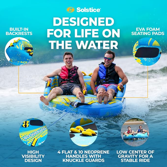 SOLSTICE 2-Person Inflatable Boomerang Towable with Front & Rear Tow Points - Versatile High-Speed Tube for Lake, River, Beach & Swimming Pool, 14 Handles & Built-In Backrests